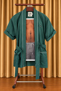 DEEP GREEN Bwana, belt open, on a wooden valet stand
