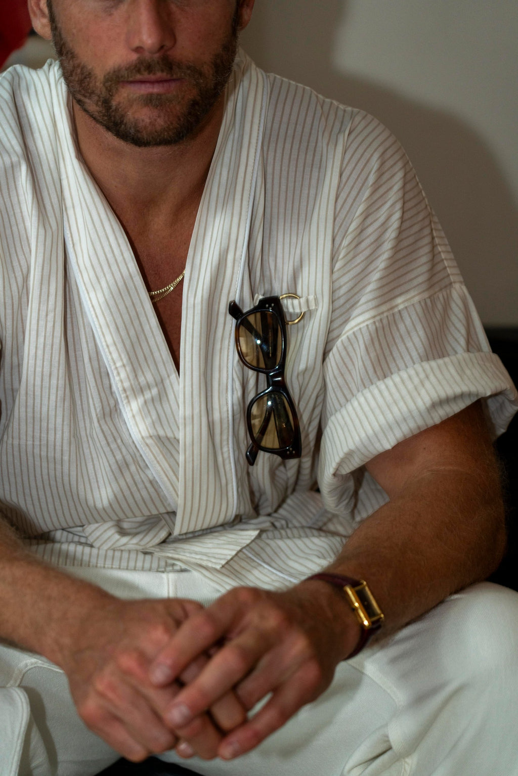 STRIPES WHITE BEIGE — The BWANA shirt worn